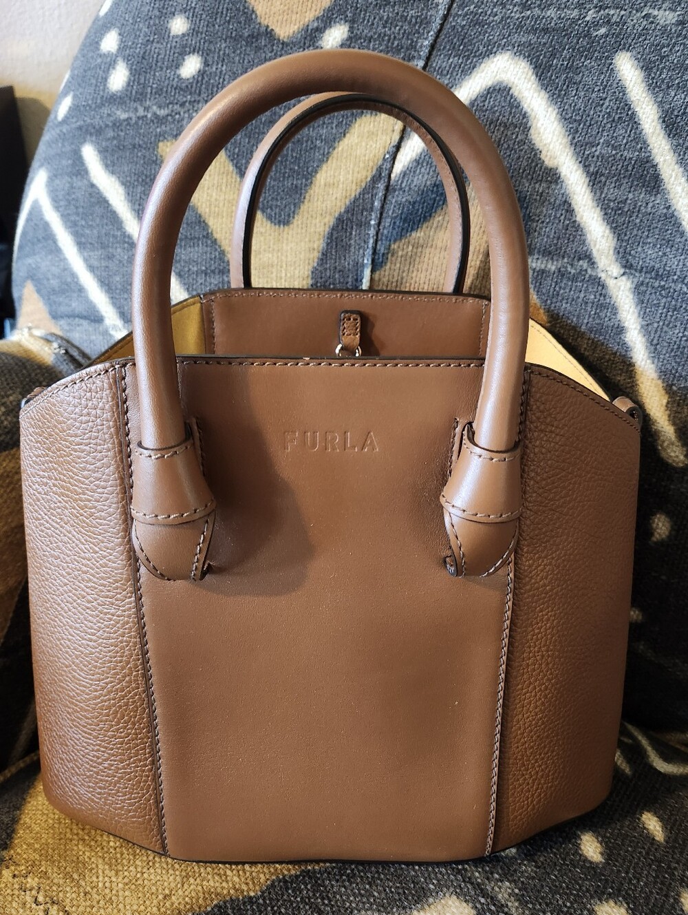 Sale🥳 Furla Gilda Cognac  Leather Mini Tote Handbag NWOT Mustard Suede Giftable